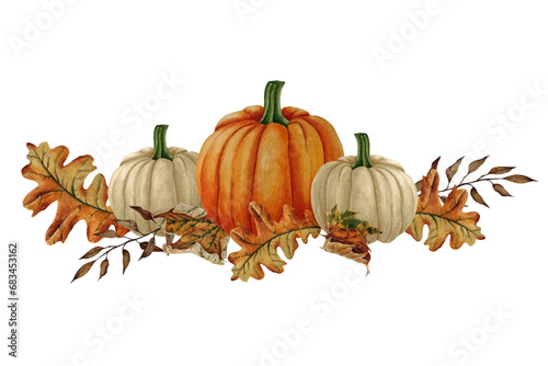 Watercolor pumpkins and leaves  border composition.