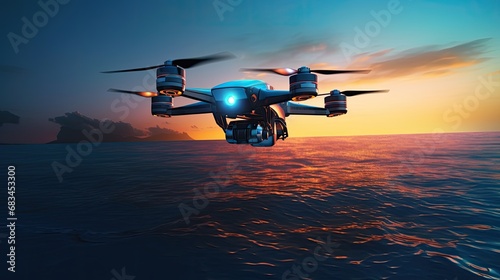 a military drone flying over sea photo