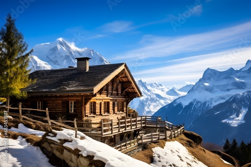 a beautiful scenic old wooden lodge house covered with snow on in rural on top of the snowy mountain in winters