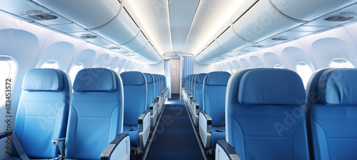 Front view row of modern airplane cabin interior with glow normal light ambient, blue theme, sunny clear day