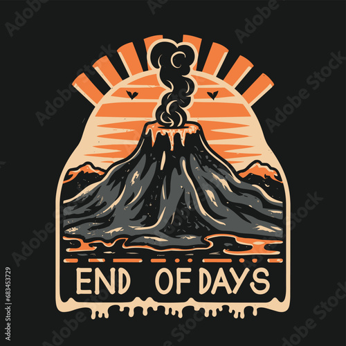 Vector t-shirt design Vintage retro sunset black style design of a cartoon Gibbons A volcano with flames rising from it and Lava is falling from it, text “ end of days"

