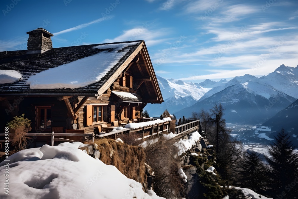 a beautiful scenic old wooden lodge house covered with snow on in rural on top of the snowy mountain in winters