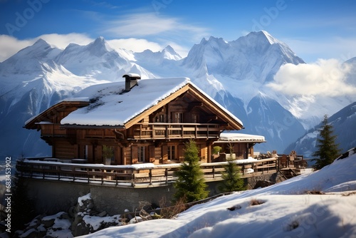 a beautiful scenic old wooden lodge house covered with snow on in rural on top of the snowy mountain in winters