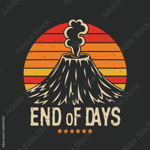 Vector t-shirt design Vintage retro sunset black style design of a cartoon Gibbons A volcano with flames rising from it and Lava is falling from it, text “ end of days"

