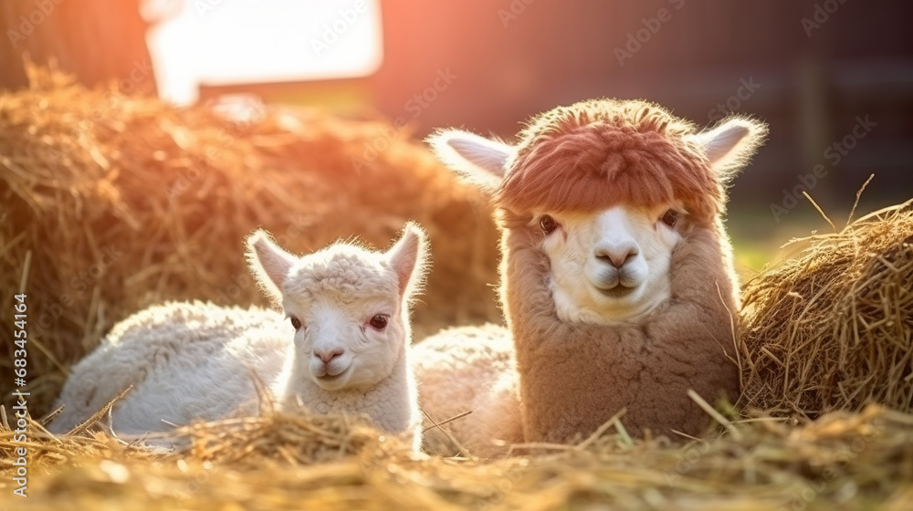 Newborn baby alpaca and mother alpaca lie on the hay on the farm, photo Newborn baby alpaca and mother alpaca lie on the hay on the farm, photo