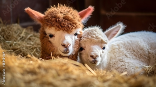 Newborn baby alpaca and mother alpaca lie on the hay on the farm  photo