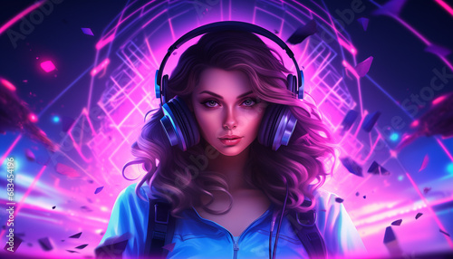 Beautiful woman dj in action with headphones in synthwave style