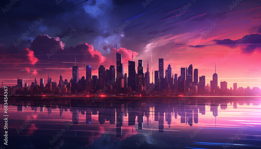 city skyline at sunset synthwave style future