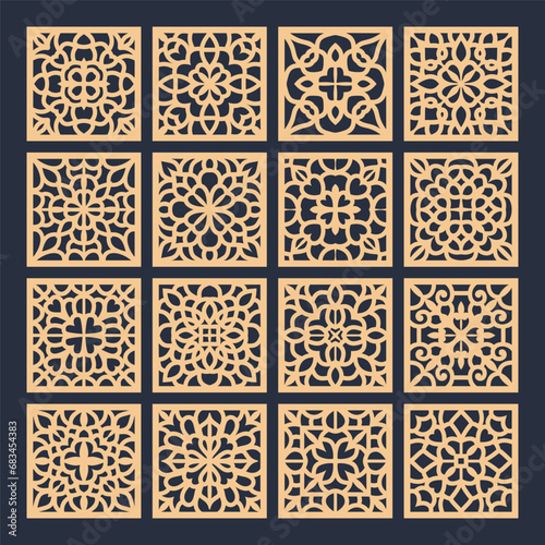 laser cut square coaster vector illustration design bundle,Laser cut wood coasters set. Geometric decorative mandala designs.