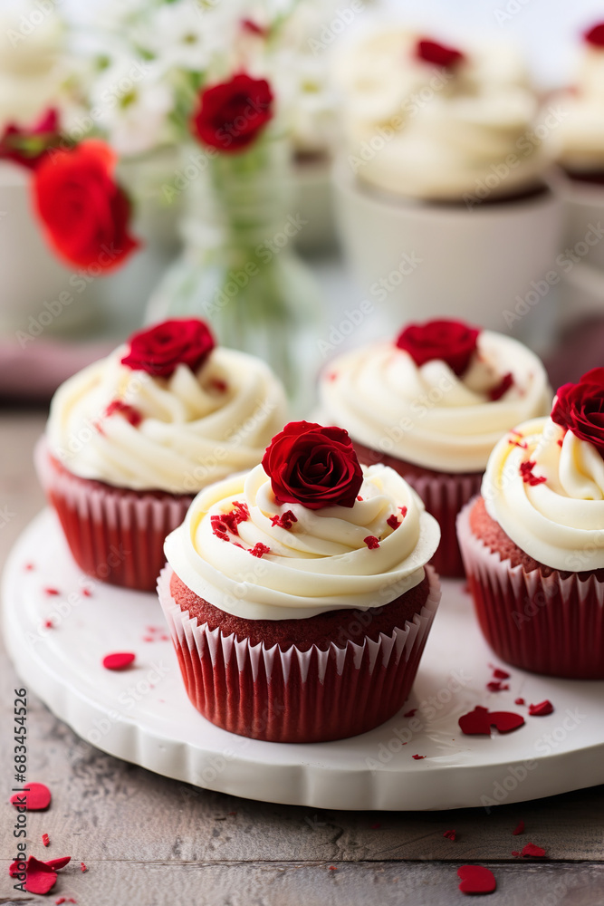 Red velvet cupcakes with cream cheese frosting for Valentines day