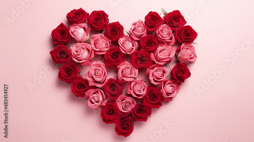 Top view of a frame of red roses in the shape of a heart on a pink background, photo,