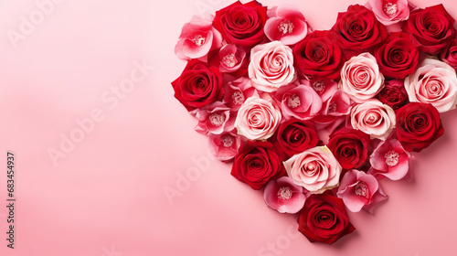 Top view of a frame of red roses in the shape of a heart on a pink background  photo 