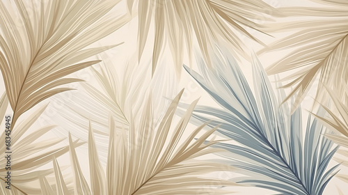 Tropical palm leaves. Beige leaves on a light background. Mural, Wallpaper for internal printing. photo