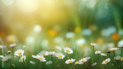 Daisies on sunny green spring meadow Glowing blurred background with light bokeh and short depth of field. © venusvi