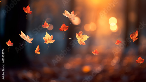 dry autumn falling leaves autumn park background, selective focus blurred forest background fall, leaves falling leaves in the air, Autumn fall leaves are falling flying on black background. Pattern   © Micro