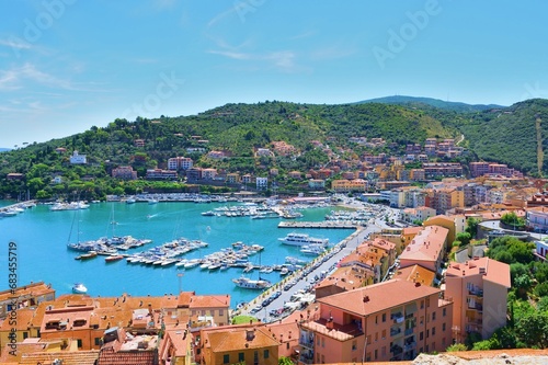 panorama from above of Porto Santo Stefano on the coast of Monte Argentario in Grosseto, Tuscany, Italy