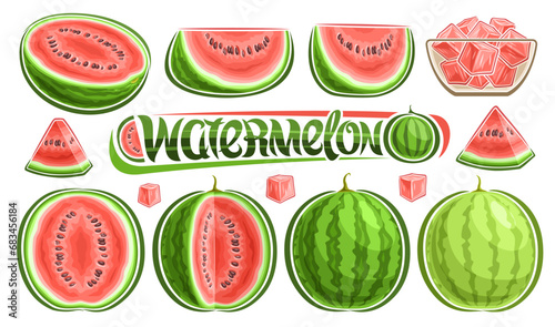 Vector Watermelon Set, collection of cut out outline illustrations of chopped juicy watermelon parts with grains and fruit salad in glass dish, green melon set and text watermelon on white background