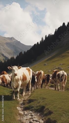 Cows grazing on lush green meadows field at farmland on Alpine mountains background.