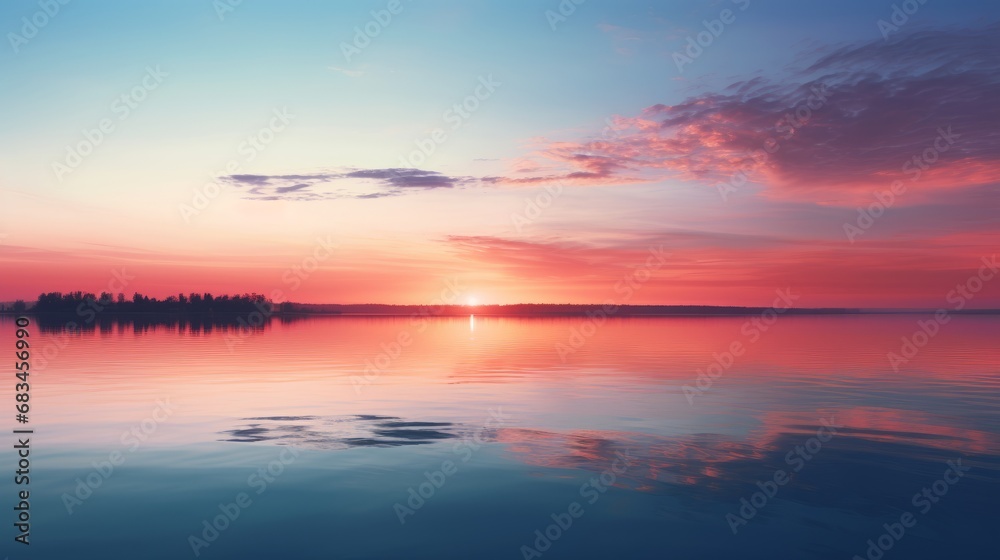 A sunset over a calm lake, colorful reflections on the water, mountains on the background, landscape photography, wallpaper
