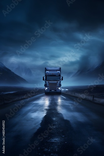 a logistics delivery shipping transportation commercial cargo truck vehicle moving on a road at night