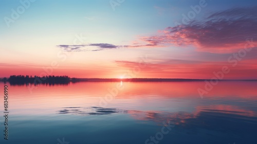 A sunset over a calm lake, colorful reflections on the water, mountains on the background, landscape photography, wallpaper