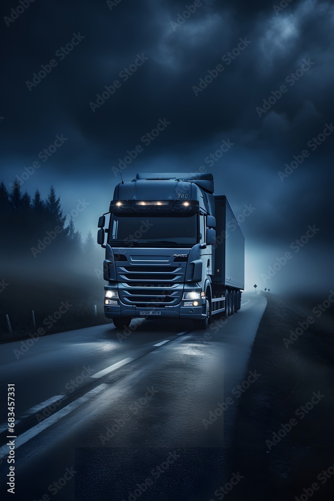 a logistics delivery shipping transportation commercial cargo truck vehicle moving on a road at night