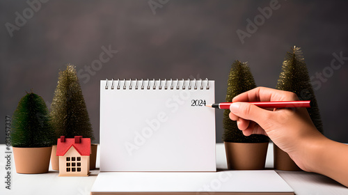 Blank space to write text in a new year's resolution notebook 2024. Buying a house, ambition, motivation and new year goals. photo