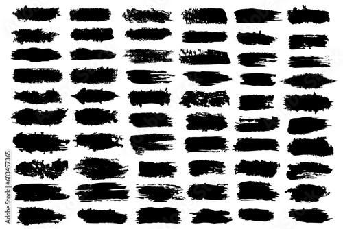 Collection of modern Black Grunge Brush Strokes on Transparent Background. Grunge texture elongated long black background. Isolated black ink stencils for graphic design