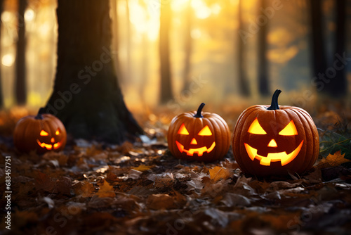 Halloween background with pumpkin and bats in the mystery forest background.