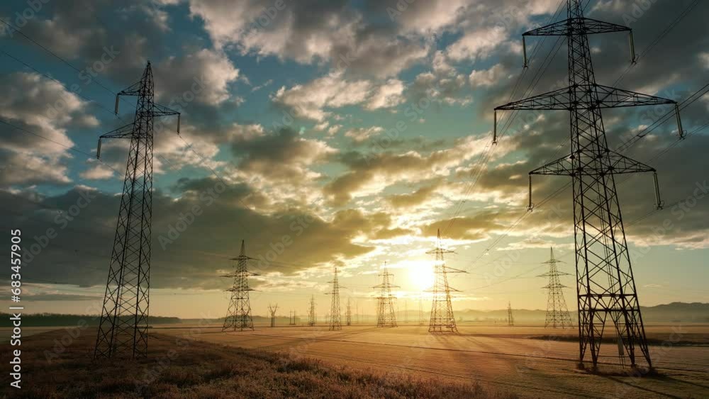 Flying towards electricity transmission towers in field at sunrise aerial drone shot. Sunlit high voltage poles and energy power lines with nature landscape and cloudscape