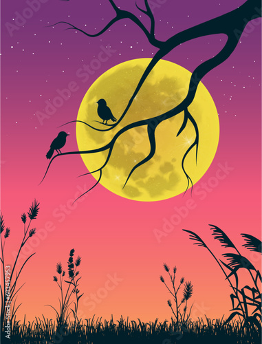 This is a couple of cute birds silhouettes standing on a tree branch in front of a full moon at night, a magical illustration of nature is illuminated by the faint glow of the moonlight.