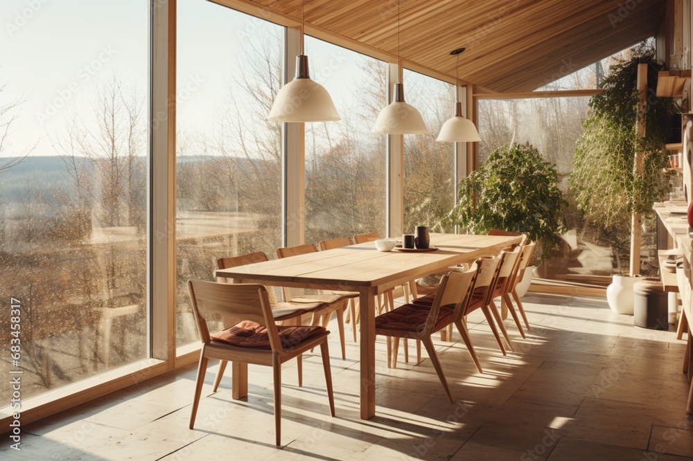 Fototapeta premium A sunlit dining area featuring a long wooden table, modern chairs, and large windows overlooking nature-inspired Scandinavian landscapes
