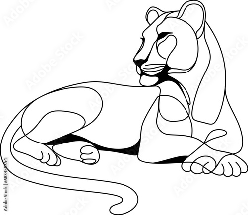 Lying resting lioness drawn with one line