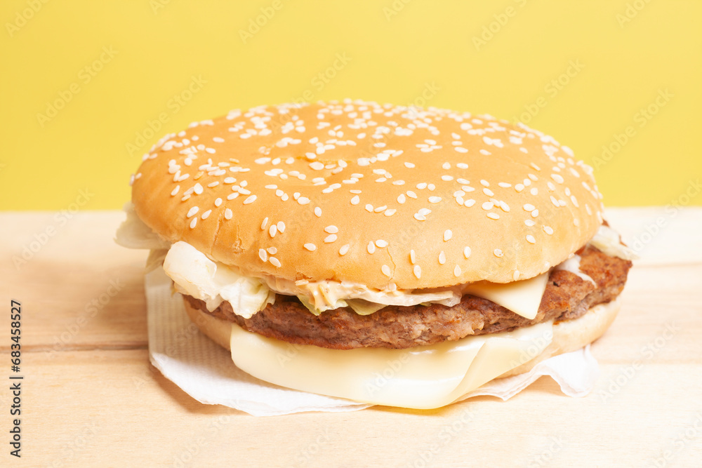 Tasty burger on wooden table Tasty burger on wooden table