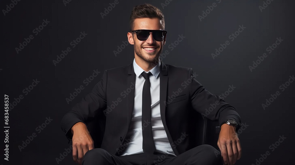 Cheerful young handsome man in suit with sunglasses and smiling looking at camera while sitting on chair on dark background. Cheerful young handsome man in suit with sunglasses and smiling looking at camera while sitting on chair on dark background.