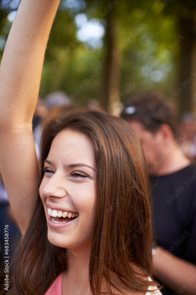 Happy, music and festival with woman in crowd for celebration, party and energy. Dancer, new years concert and rock event with person dance in countryside for social, rave club and summer disco Happy, music and festival with woman in crowd for celebration, party and energy. Dancer, new years concert and rock event with person dance in countryside for social, rave club and summer disco