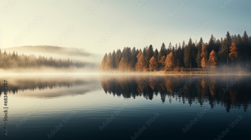 An alpine lake with mountains and trees, colorful reflections on the water, fog, mountains on the background, landscape photography, wallpaper