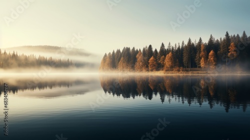 An alpine lake with mountains and trees, colorful reflections on the water, fog, mountains on the background, landscape photography, wallpaper © bedaniel