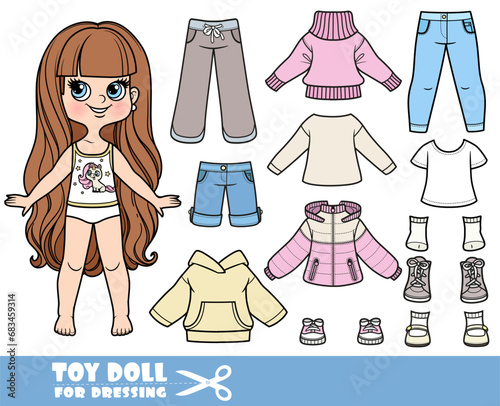 Cartoon long haired brunette girl and clothes separately - hoodie, sweatpants, shorts, long sleeve, jeans and sneakers doll for dressing