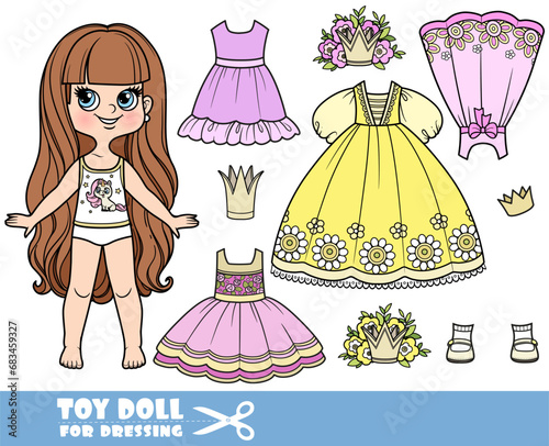 Cartoon long haired brunette girl and clothes separately - ball dress for princess, crowns and tiara, casual dresses and sandals doll for dressing