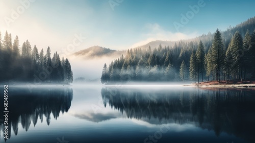 An alpine lake with mountains and trees  colorful reflections on the water  fog  mountains on the background  landscape photography  wallpaper