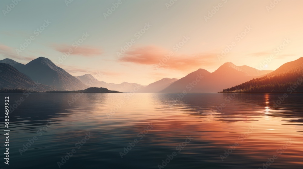 Fototapeta premium A sunset over a calm lake, colorful reflections on the water, mountains on the background, landscape photography, wallpaper