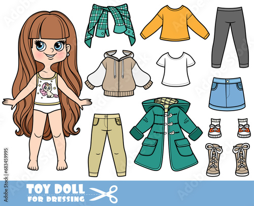 Cartoon long haired brunette girl and clothes separately - coat, skirt, long sleeve, shirt, jeans and sneakers doll for dressing