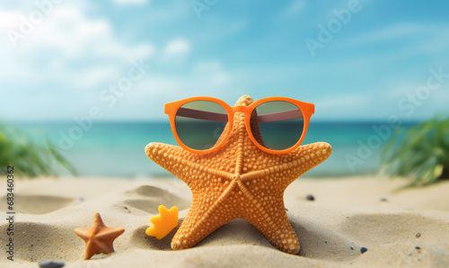 A starfish wearing a sunglasses by the beach. © katobonsai