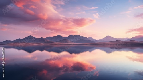 A sunset over a calm lake, colorful reflections on the water, mountains on the background, landscape photography, wallpaper © bedaniel