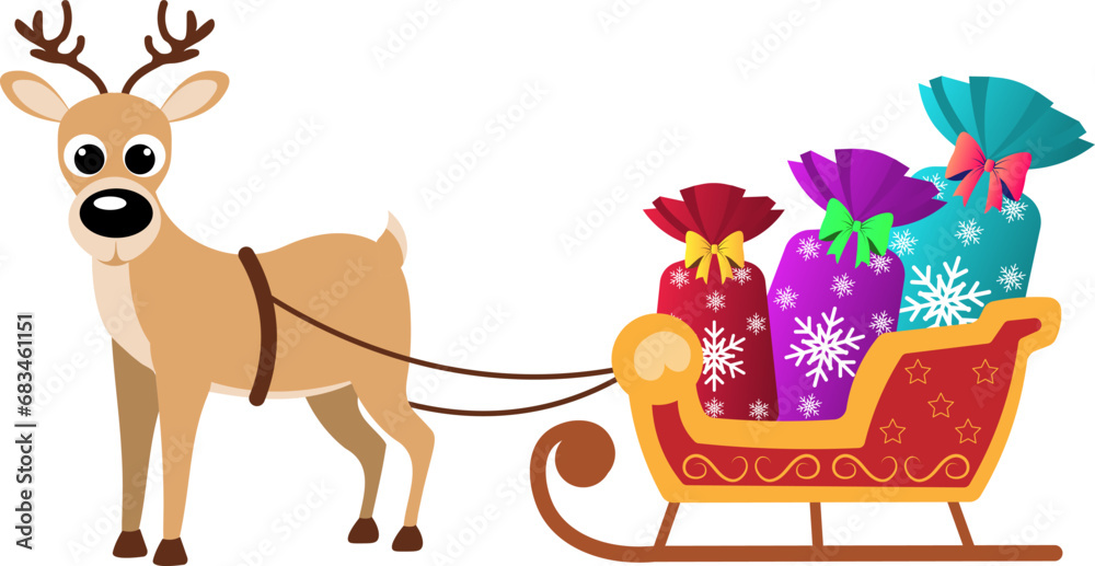 Obraz premium Christmas story time. A deer carries gifts in a sleigh. Christmas and New Year vector composition.