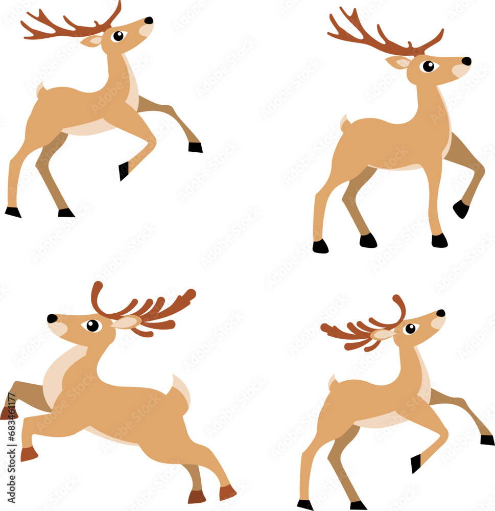 Christmas story time. Deer jumps on a white background. Christmas and New Year vector composition.