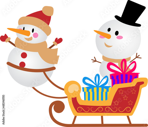 Christmas story time. A little snowman carries a snowman and gifts on a sleigh. Christmas and New Year vector composition.