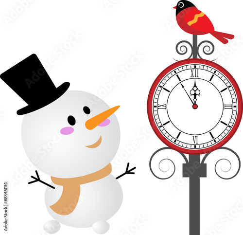 Christmas story time. Snowman and clock with a bird. Christmas and New Year vector composition.