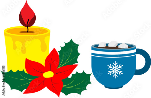 Christmas story time. Cup of coffee and candle with poinsettia. Christmas and New Year vector composition.